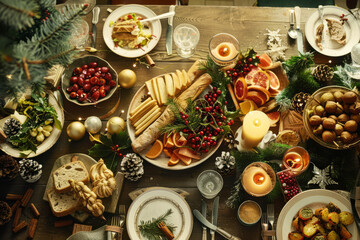 A beautifully decorated Christmas table setting with candles, evergreen branches, red and gold ornaments, and a festive tablecloth, warm and inviting
