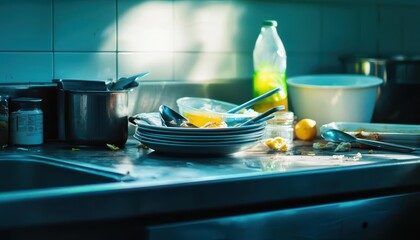 Dirty dishes piled high in a kitchen sink, showcasing the aftermath of a meal.