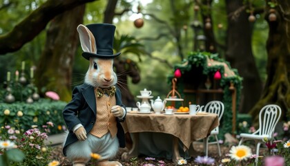 Rabbit in a Top Hat Enjoying Afternoon Tea in the Garden.