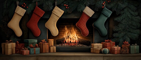 Christmas fireplace scene, stockings hung with care, a glowing fire illuminating the room, presents stacked under a beautifully decorated tree, warm and inviting