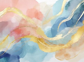 Fototapeta premium Watercolor art background. Wallpaper design with paint brush and gold line art. Earth