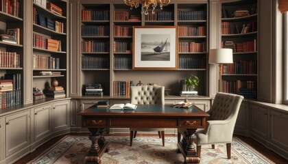 Fototapeta premium Elegant Home Office with Bookcases and Large Desk.