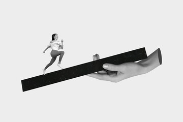 Composite collage image of black white funny girl running geometric figures hand hold fantasy...