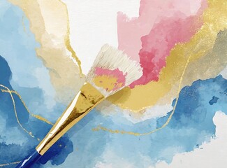 Watercolor art background. Wallpaper design with paint brush and gold line art. Earth