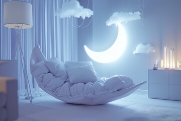 A serene, modern room with a cozy chair, soft lighting, and whimsical cloud and moon decor.