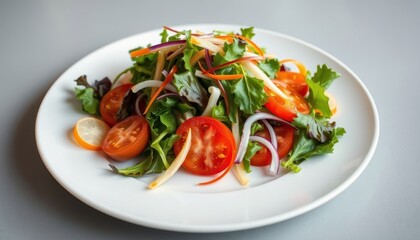Fresh Salad with Tomatoes, Red Onion, and Greens on White Plate.