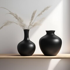 Black vase on wooden shelf against white background wall. AI Generated Images
