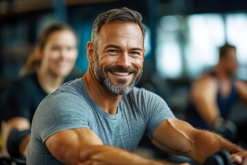 Happy mature man working out on rowing machine while having exercise class with coach in gym, Generative AI