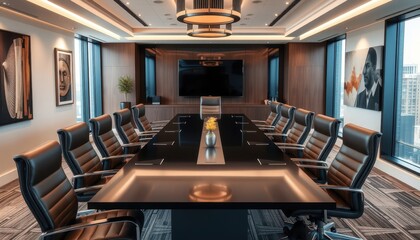 Modern Conference Room with Large Table and Black Leather Chairs.
