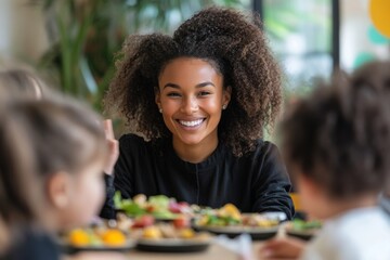 Happy black teacher talks to group of kids during lunch time at preschool, Generative AI