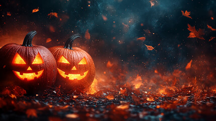 Naklejka premium Halloween pumpkins with fire and smoke on dark background. Mixed media