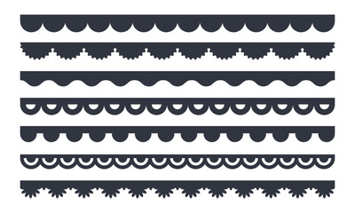 Vector scalloped edge border. Black set of elements seamless frame. Decorative wavy lace pattern. Simple shapes fabric ribbon. Stock illustration on white background.