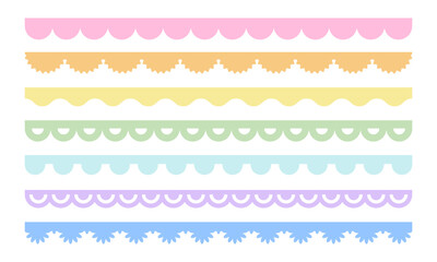 Vector scalloped edge border. Pastel colors set of elements seamless frame. Cute decorative wavy lace pattern. Simple shapes fabric ribbon. Stock illustration on white background.
