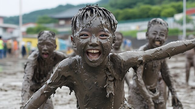 34. **The energetic and colorful celebrations of the Boryeong Mud Festival in South Korea, with people covered in mud**
