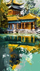 Obraz premium Yellow and green minimalist traditional architectura landscape illustration background poster decorative painting