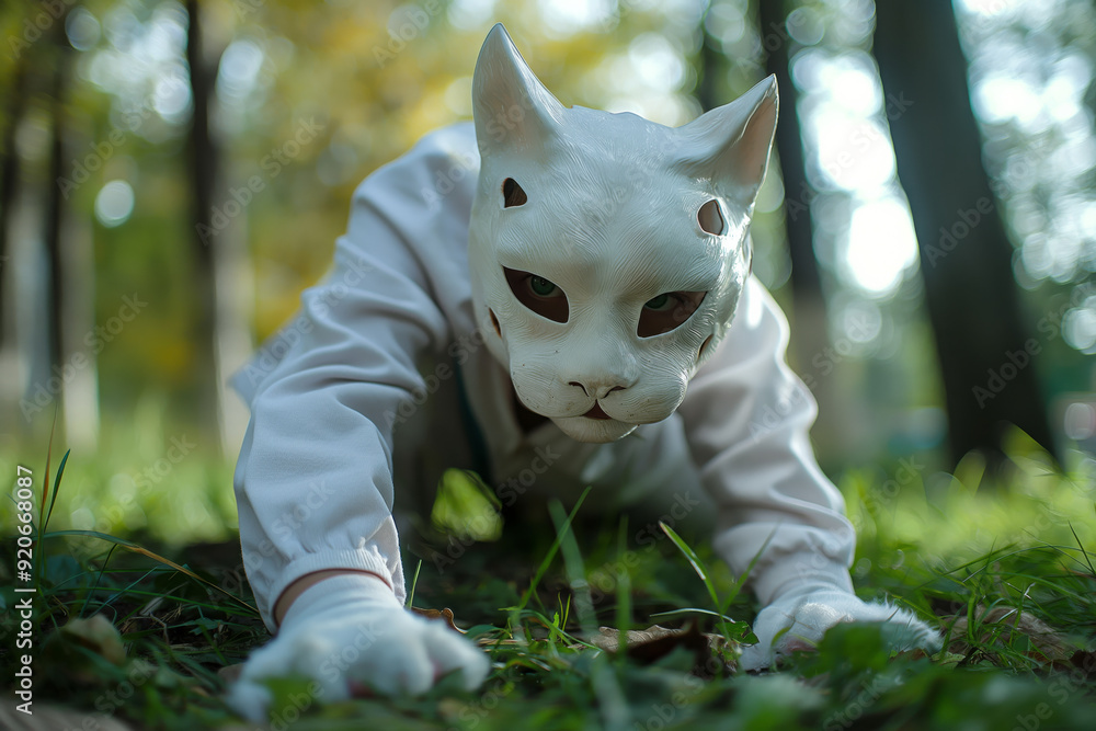 Wall mural teenager in white cat mask practicing quadrobics in a park, illustrating unique subculture activitie