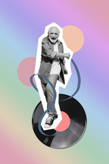Composite collage image of funny old man vinyl record dancing have dun discotheque fantasy...