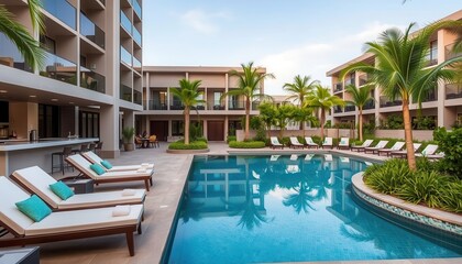 Fototapeta premium Modern Hotel Pool with Lounge Chairs and Palm Trees.