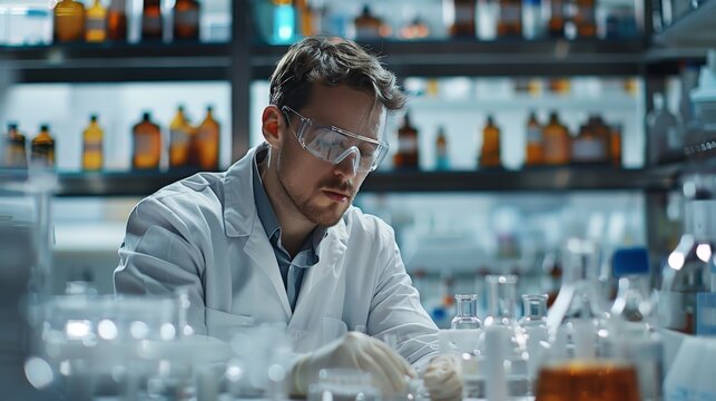 A lab technician working in a pharmaceutical lab, wearing a white coat and safety goggles. The lab is filled with glassware and bottles, indicating a busy and well-equipped research environment.