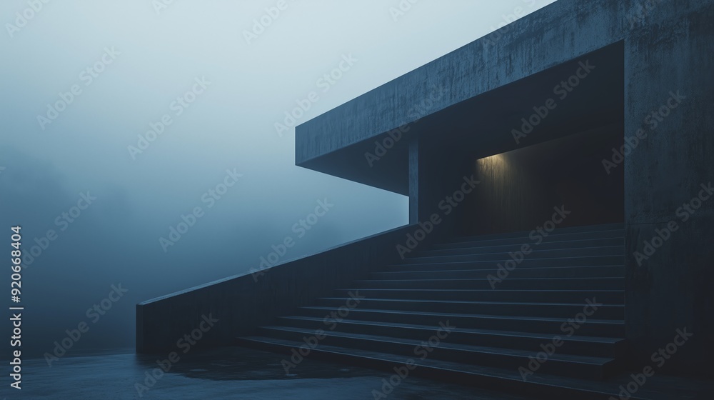Poster a minimalist concrete structure emerges through dense fog near a staircase, illuminated by a soft li