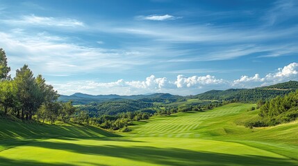 Obraz premium Expansive landscape view of a lush green golf course, with rolling hills and a bright blue sky.