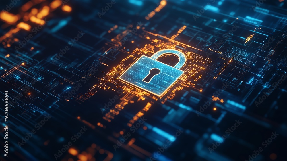 Poster digital padlock symbolizing cybersecurity in a network of glowing data connections at night