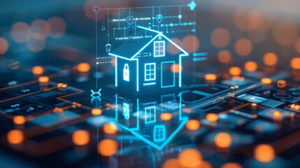 Naklejka premium A futuristic image with a house model in blue and orange hues on a motherboard backdrop, symbolizing the fusion of architecture and technology in a nighttime setting.