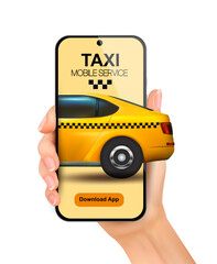 Taxi service concept. Hand holding smartphone with taxi car on screen and taxi service mobile app or order taxi online.
