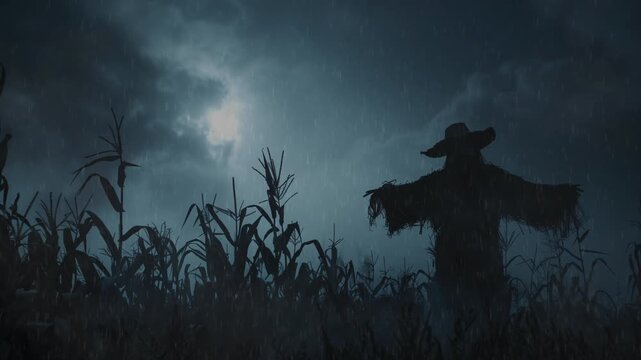 A lone scarecrow watches over a cornfield as rain pours down during a stormy night with dramatic clouds, halloween mood