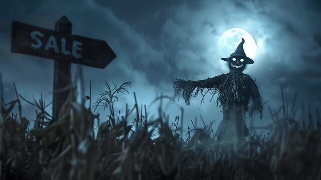 A scarecrow stands in a field of corn under a full moon. The scarecrow is wearing a hat and has a creepy smile. A wooden sign pointing towards the scarecrow reads Sale, halloween mood