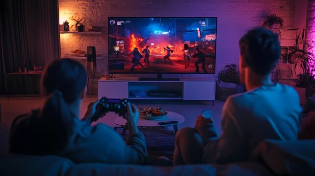 group of friends gathered around a large TV screen, playing an online multiplayer game together, casual living room setup with snacks and drinks, gaming controllers in hand