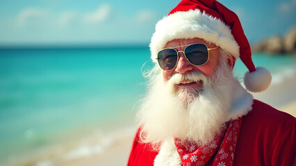 Santa Claus on a beach wearing sunglasses and hat