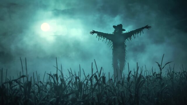 A lone scarecrow looms in a misty cornfield, illuminated by the bright light of the full moon against a haunting backdrop, halloween mood