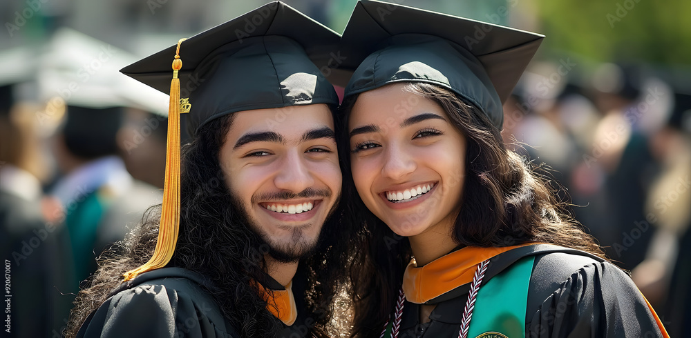 Poster Two Graduates Smile Together During a Sunny Graduation Ceremony