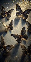 A group of black butterflies with glittery wings flying against a shimmering backdrop, symbolizing magic, elegance, transformation, and beauty with a touch of fantasy