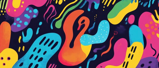 Psychedelic shapes, vibrant retro patterns, flat design illustration