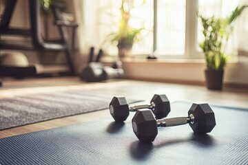 Dumbbells resting on a yoga mat in a bright home gym with plants and fitness equipment nearby