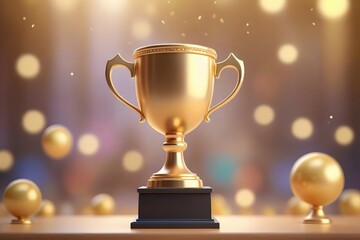Golden trophy on a wooden surface with a bokeh background.