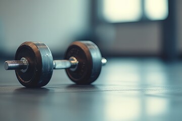 A close-up of a resting dumbbell on the gym floor during morning workout hours