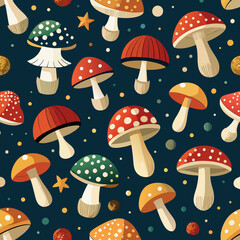 A playful and colorful pattern featuring various mushrooms in shades of red, orange, and green with polka dots, set against a dark background, creating a whimsical, fun design