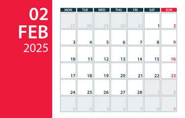 February 2025 Calendar Planner - vector illustration. Template. Mock up