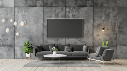 Modern Industrial Living Room with Concrete Wall and Grey Sofa ..