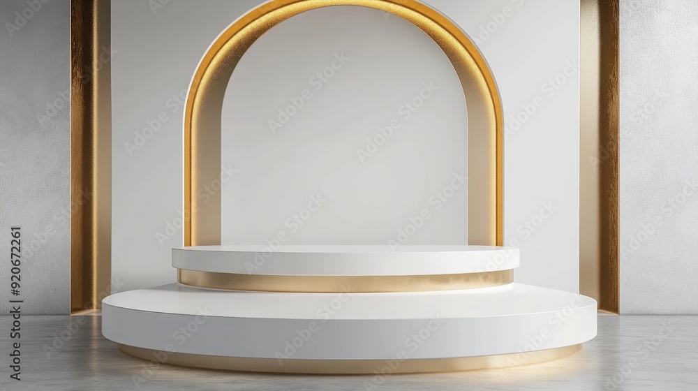 Poster modern display podium with golden arches in minimalist setting