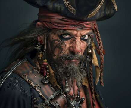 Close-up Portrait Of Pirate Man Wearing Hat, Digital Image, Intense Expression, Rugged Features, Detailed Design, Adventurous Character.
