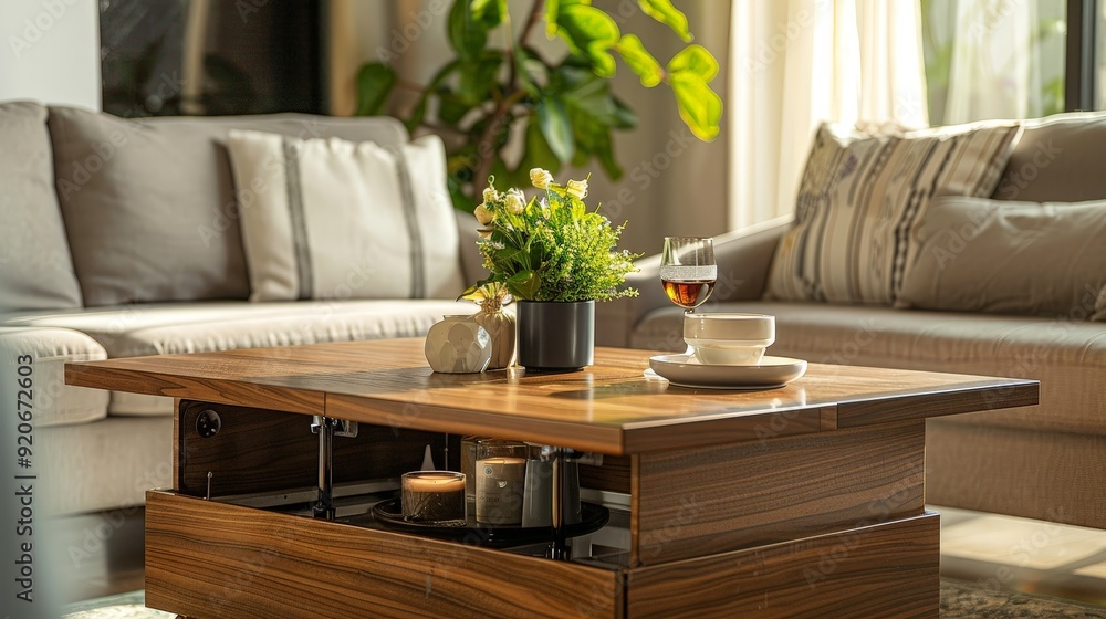 Poster incorporating a convertible coffee table that can be raised to dining table height for versatile use