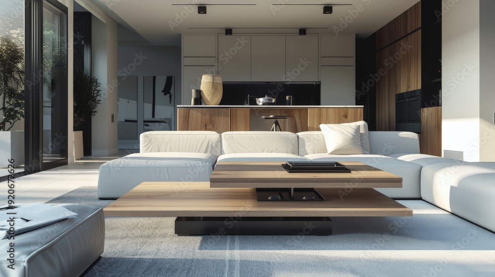 Poster incorporating a convertible coffee table that can be raised to dining table height for versatile use