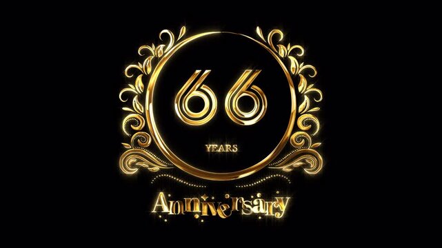 66th Anniversary Celebration. Happy 66 Years Anniversary Animation in Gold Color on the Transparent Background, Alpha Channel. Great for greetings, celebrations, events, and gifts.