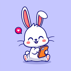 Obraz premium Cute Rabbit Playing Phone Cartoon Vector Icon Illustration. Animal Technology Icon Concept Isolated Premium Vector. Flat Cartoon Style