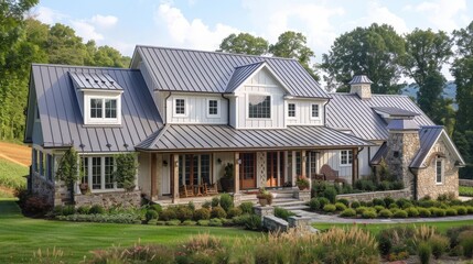 Imagine the rustic charm of a farmhouse exterior nestled in a pastoral setting. Write about barn-inspired doors, metal roof accents, and how rural influences 