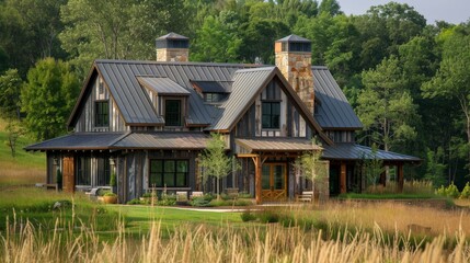 Obraz premium Imagine the rustic charm of a farmhouse exterior nestled in a pastoral setting. Write about barn-inspired doors, metal roof accents, and how rural influences